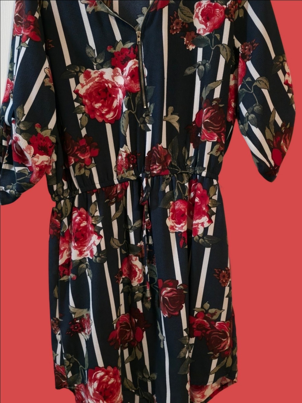 4/$67 Deal! Stella Tweed Navy Floral Stripe Romper with Red Roses